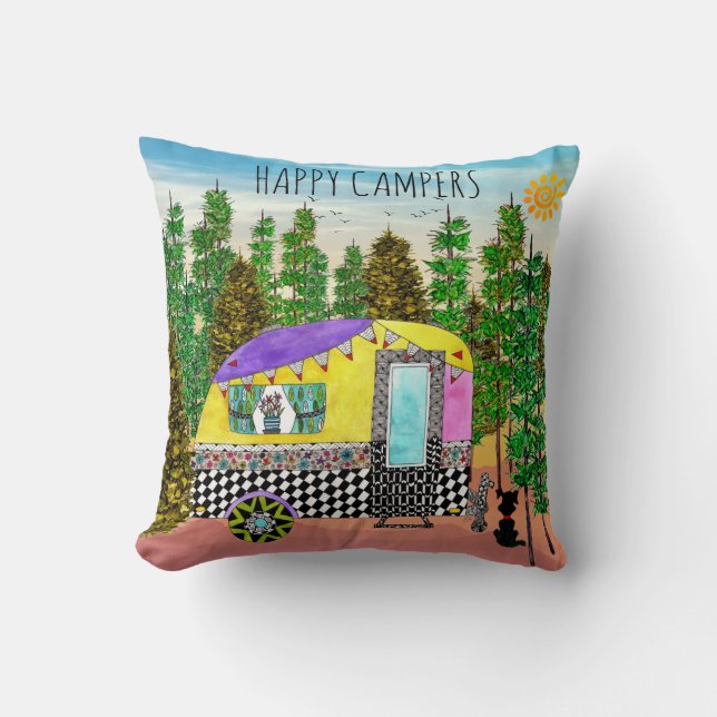 Cute and Colorful Happy Camper Throw Pillow (Front)