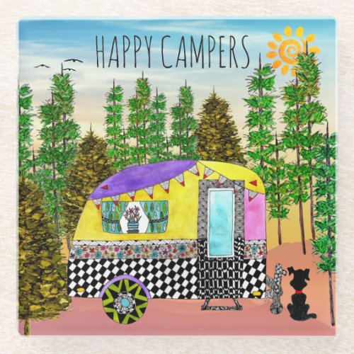 Cute and Colorful Happy Camper Trivet Glass Coaster