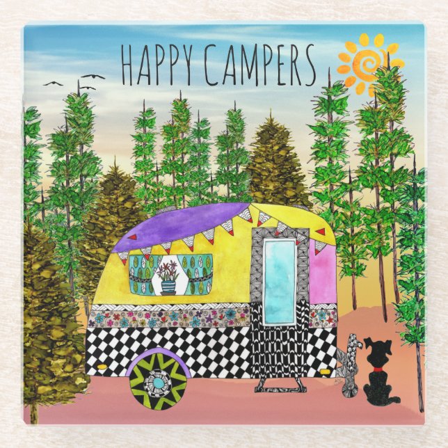 Cute and Colorful Happy Camper Trivet Glass Coaster (Front)