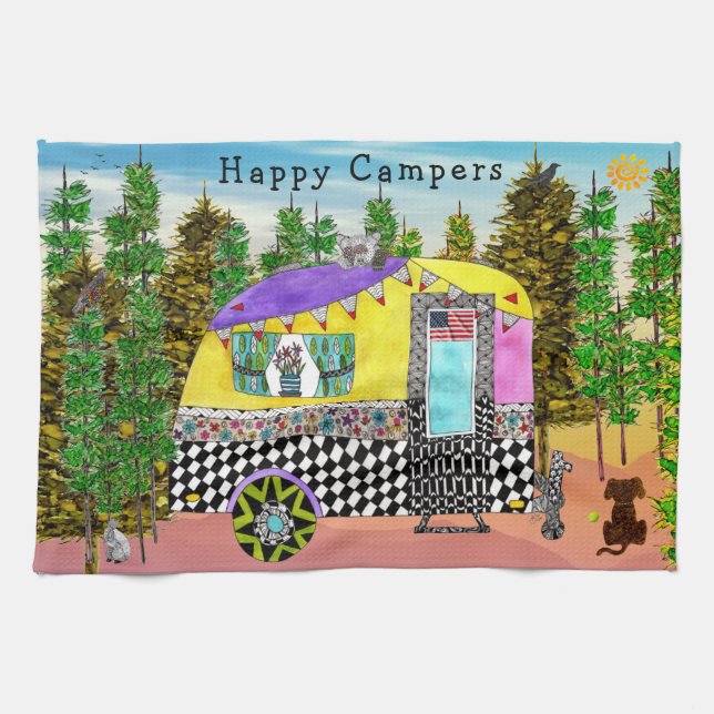 Cute and Colorful Happy Campers Kitchen Towels (Horizontal)