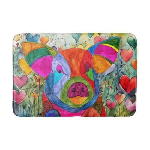 Cute and Colorful Happy Pig with Hearts Bath Mat