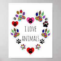 Cute and Colorful I Love Animals Poster 8X10"