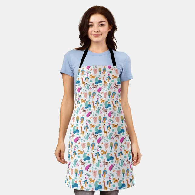 Cute and Colorful Jungle Animals Pattern Apron (Worn)
