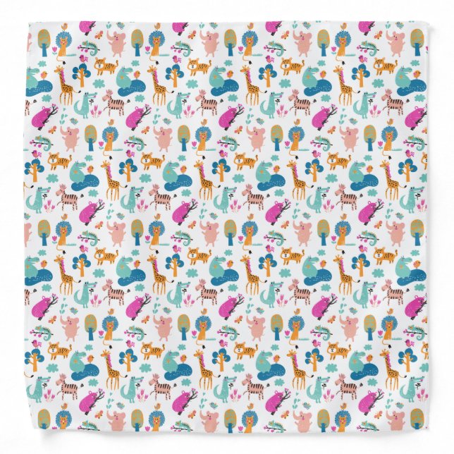 Cute and Colorful Jungle Animals Pattern Bandana (Front)