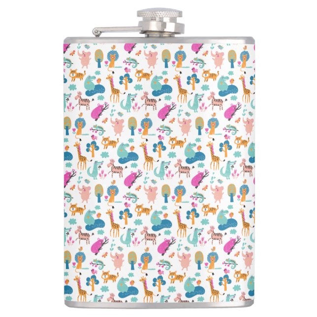 Cute and Colorful Jungle Animals Pattern Flask (Front)