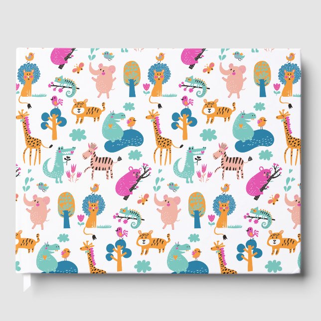 Cute and Colorful Jungle Animals Pattern Guest Book (Front)