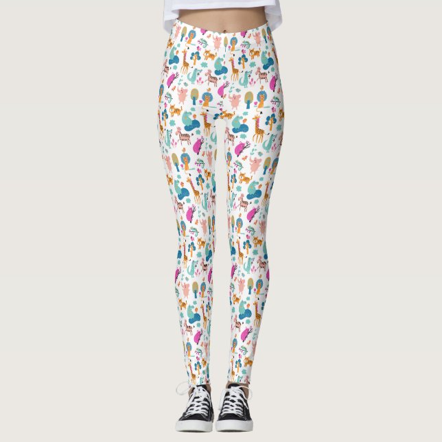 Cute and Colorful Jungle Animals Pattern Leggings (Front)