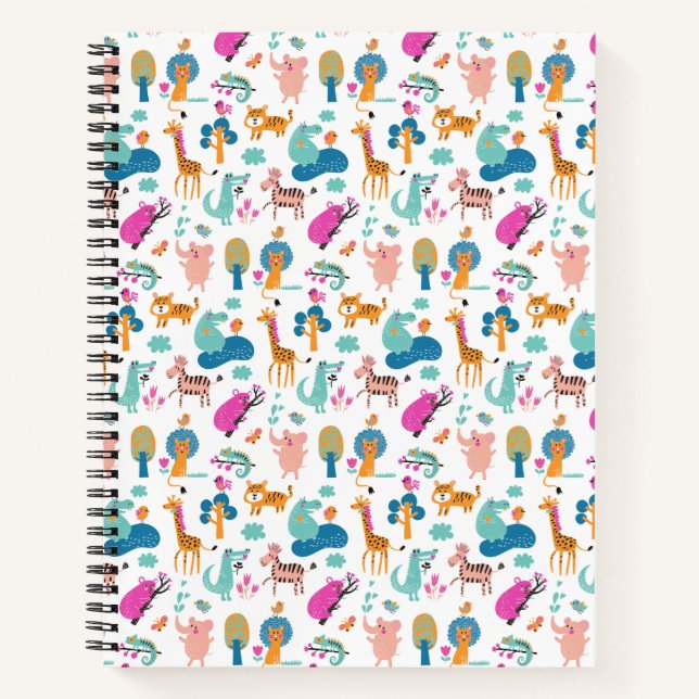 Cute and Colorful Jungle Animals Pattern Notebook (Front)