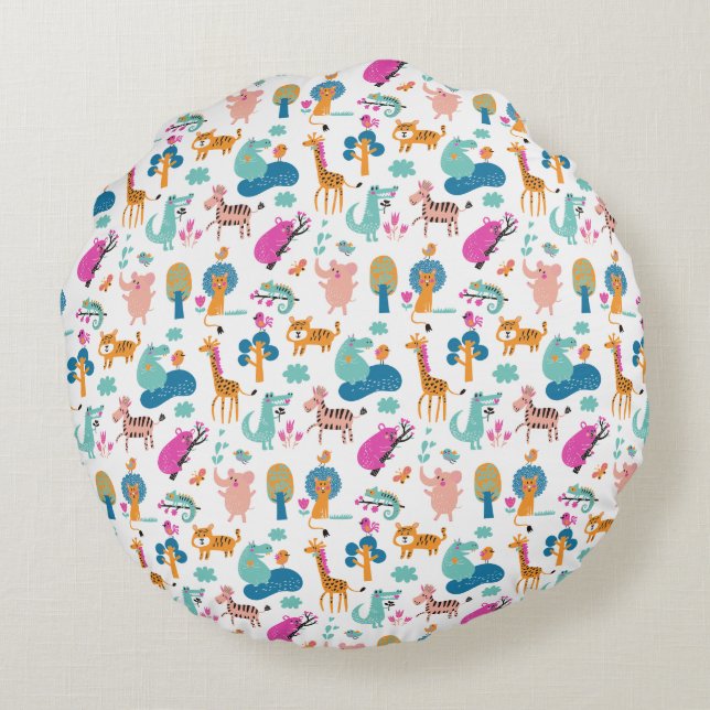 Cute and Colorful Jungle Animals Pattern Round Pillow (Back)