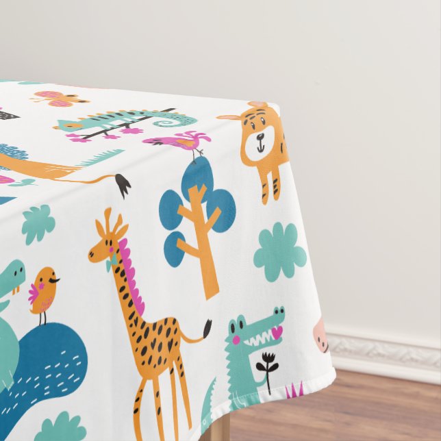 Cute and Colorful Jungle Animals Pattern Tablecloth (In Situ)
