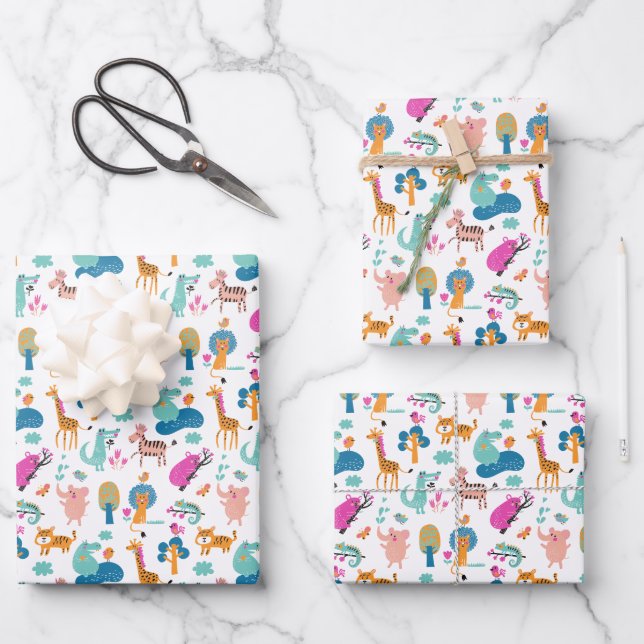 Cute and Colorful Jungle Animals Pattern Wrapping Paper Sheets (Front)