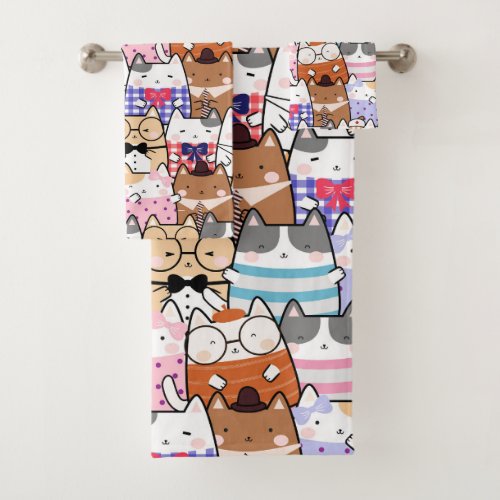 Cute and Colorful Kawaii Cat Pattern Bath Towel Set