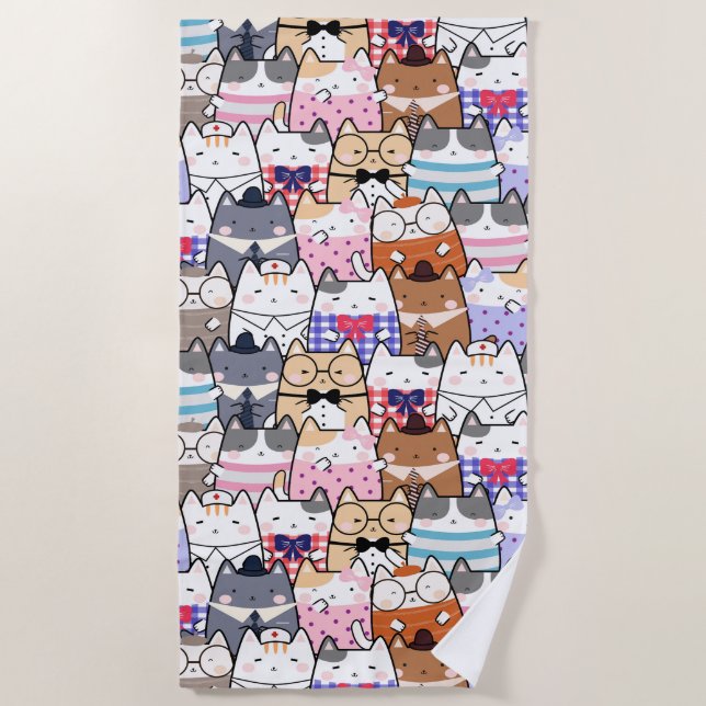 Cute and Colorful Kawaii Cat Pattern Beach Towel (Front)