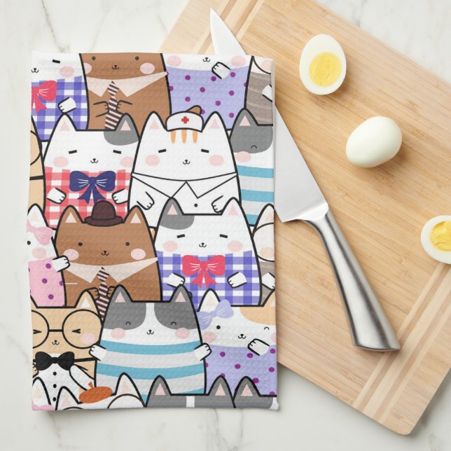Cute and Colorful Kawaii Cat Pattern Kitchen Towel (Quarter Fold)