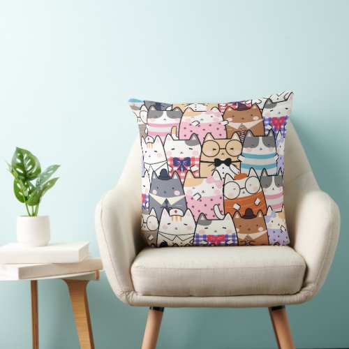 Cute and Colorful Kawaii Cat Pattern Throw Pillow