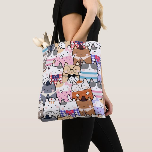 Cute and Colorful Kawaii Cat Pattern Tote Bag (Close Up)