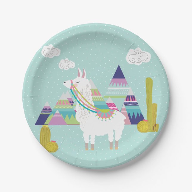 Cute and Colorful Llama Personalized Paper Plates (Front)