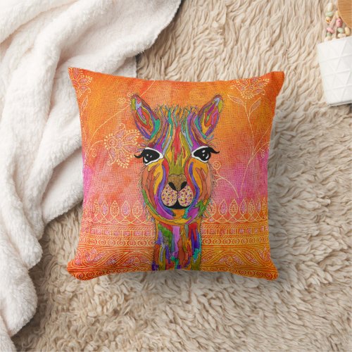 Cute and Colorful Llama Throw Pillow