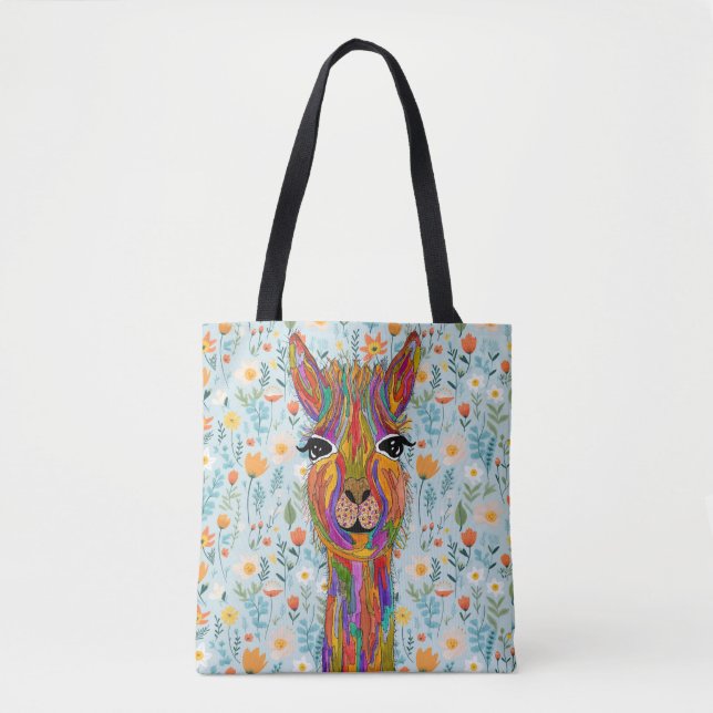 Cute and Colorful Llama Tote Bag (Front)