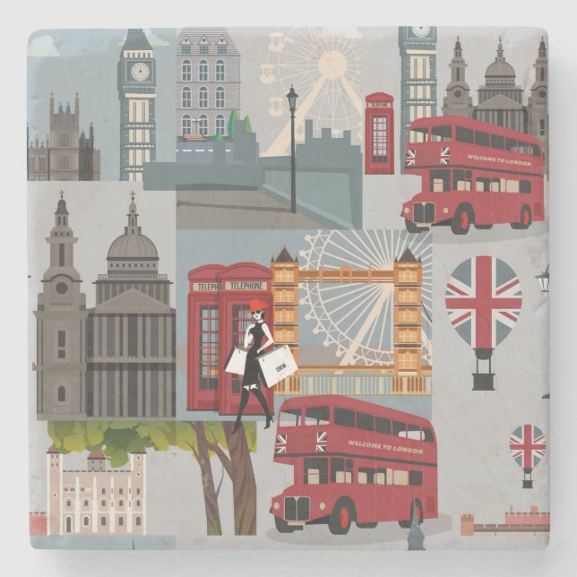 Cute and Colorful London Cartoon Drawing Stone Coaster (Front)