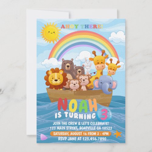 Cute and colorful Noahs Ark Birthday Invitation