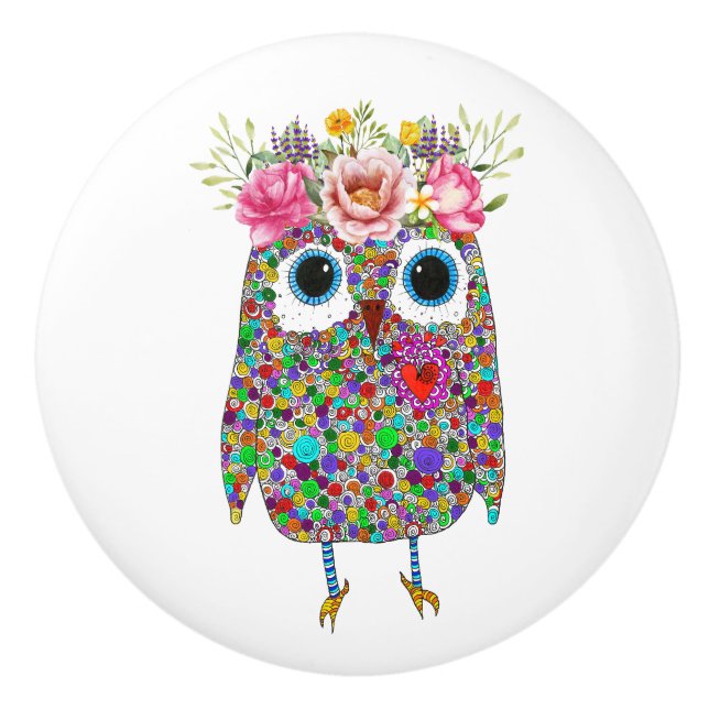 Cute and Colorful Owl Floral  Ceramic Knob (Front)