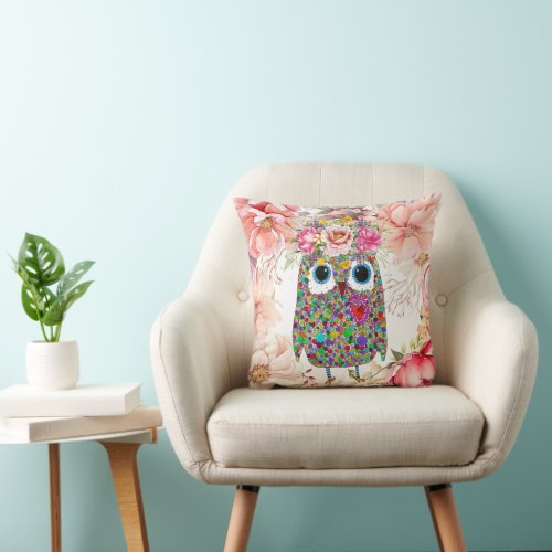 Cute and Colorful Owl Floral  Throw Pillow