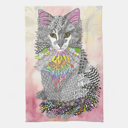 Cute and Colorful Pastel Watercolor Cat Painting Kitchen Towel