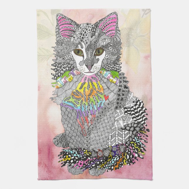Cute and Colorful Pastel Watercolor Cat Painting Kitchen Towel (Vertical)