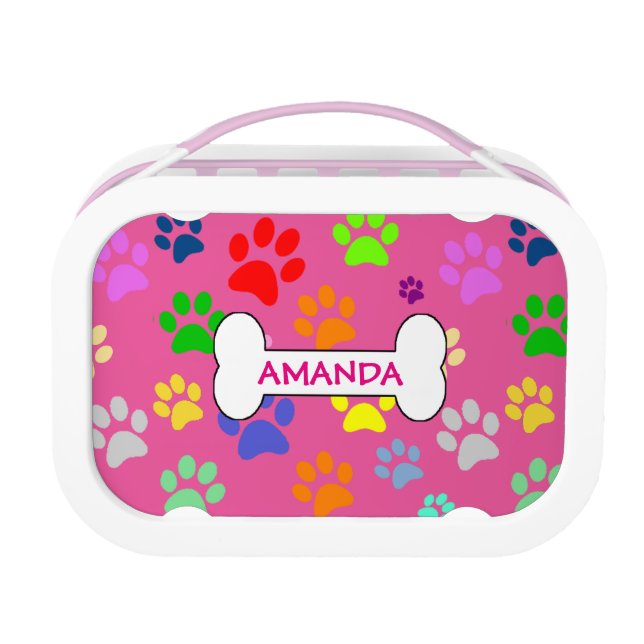 Cute and Colorful Pet Paw Prints Pattern Monogram Lunch Box (Front)