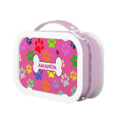 Cute and Colorful Pet Paw Prints Pattern Monogram Lunch Box (Left)