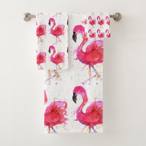 Cute and Colorful Pink Flamingo Bathroom Towel Set