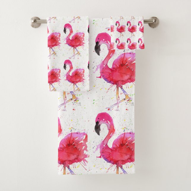 Cute and Colorful Pink Flamingo Bathroom Towel Set (Insitu)