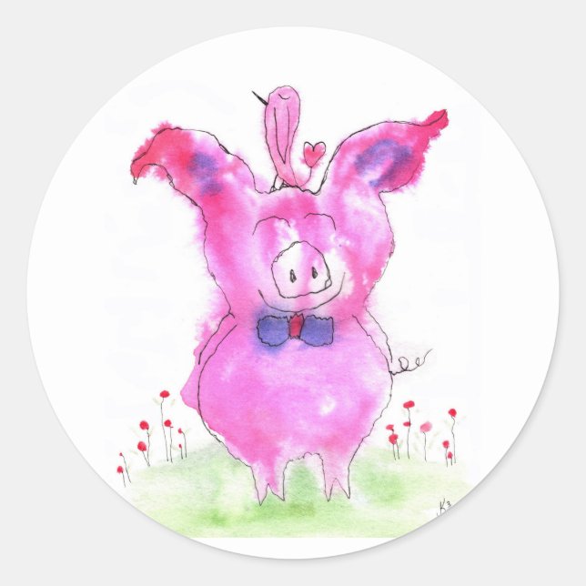 Cute and Colorful Pink Pig and Bird Sticker (Front)