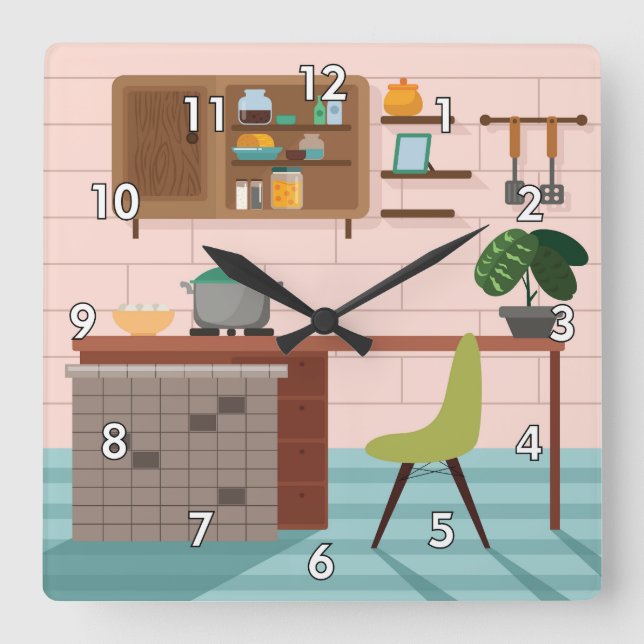 Cute and Colorful Retro Kitchen Square Wall Clock (Front)
