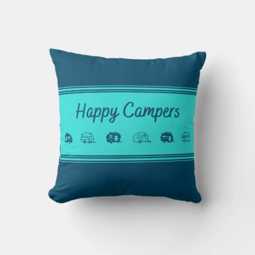 Cute and Colorful Retro RV Happy Campers Throw Pillow