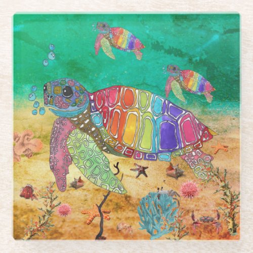 Cute and Colorful Sea Turtle Glass Coaster