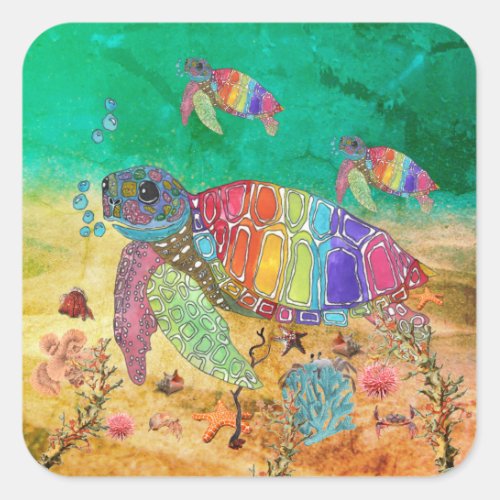 Cute and Colorful Sea Turtle Square Sticker