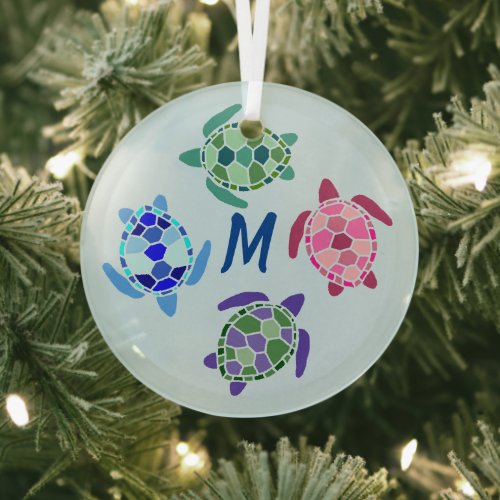 Cute and Colorful Sea Turtles Suncatcher Monogram Glass Ornament