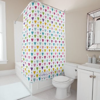 Cute And Colorful Seamless Hearts Pattern Monogram Shower Curtain by LifeInColorStudio at Zazzle