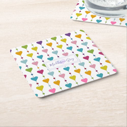 Cute and Colorful Seamless Hearts Pattern Monogram Square Paper Coaster