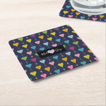 Cute And Colorful Seamless Hearts Pattern Monogram Square Paper Coaster by LifeInColorStudio at Zazzle