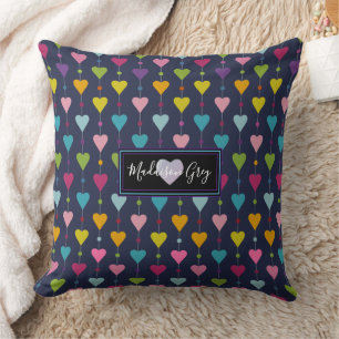 Cute and Colorful Seamless Hearts Pattern Monogram Throw Pillow