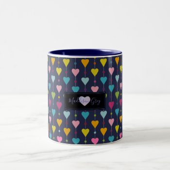 Cute And Colorful Seamless Hearts Pattern Monogram Two-tone Coffee Mug by LifeInColorStudio at Zazzle
