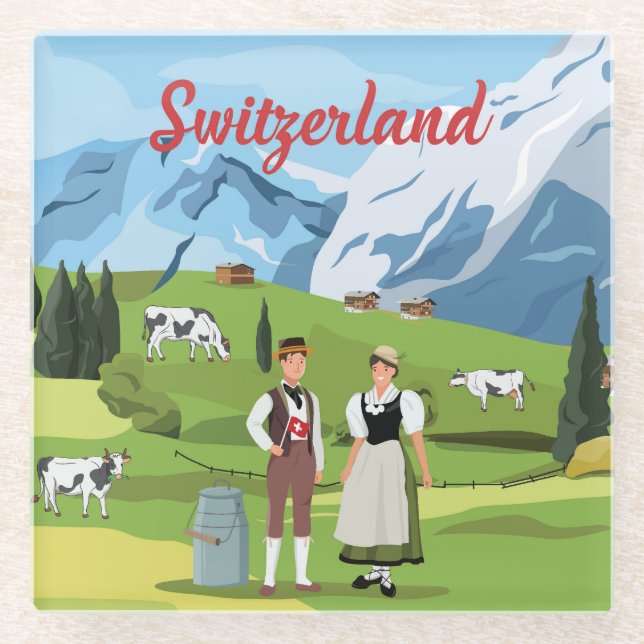 Cute and Colorful Switzerland Cartoon Drawing Glass Coaster (Front)