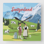 Cute And Colorful Switzerland Cartoon Drawing Square Wall Clock at Zazzle