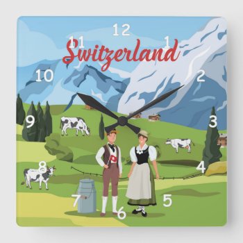Cute And Colorful Switzerland Cartoon Drawing Square Wall Clock by ICBIMProducts at Zazzle
