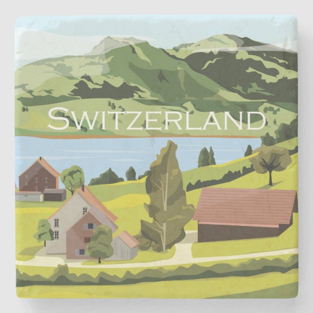 Cute and Colorful Switzerland Cartoon Drawing Stone Coaster (Front)