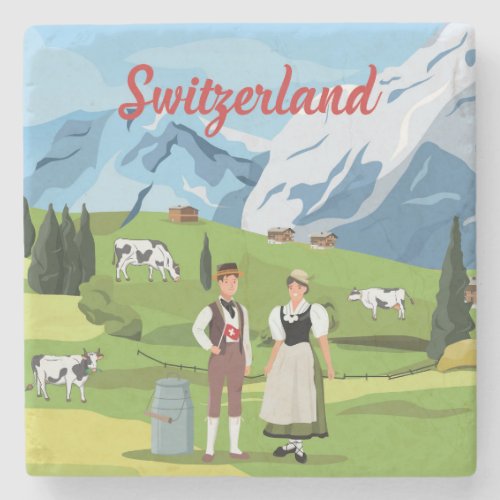 Cute and Colorful Switzerland Cartoon Drawing Stone Coaster