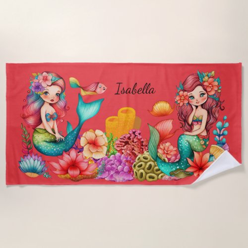 Cute and Colorful Watercolor Mermaids Beach Towel